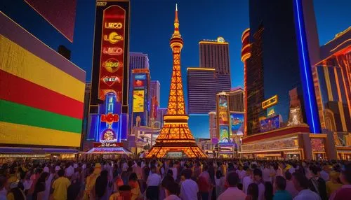 Las Vegas, Lego architecture, modern skyscraper, neon lights, vibrant colors, futuristic design, sleek lines, geometric shapes, luxurious hotel, casino, nightlife, cityscape, busy streets, crowds of p