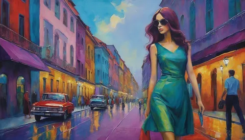 girl walking away,woman walking,girl in a long dress,woman shopping,girl in a long,oil painting on canvas,girl in cloth,pedestrian,a pedestrian,la violetta,colorful city,woman with ice-cream,oil painting,city ​​portrait,italian painter,boulevard,street scene,woman at cafe,shopping street,travel woman,Illustration,Realistic Fantasy,Realistic Fantasy 30