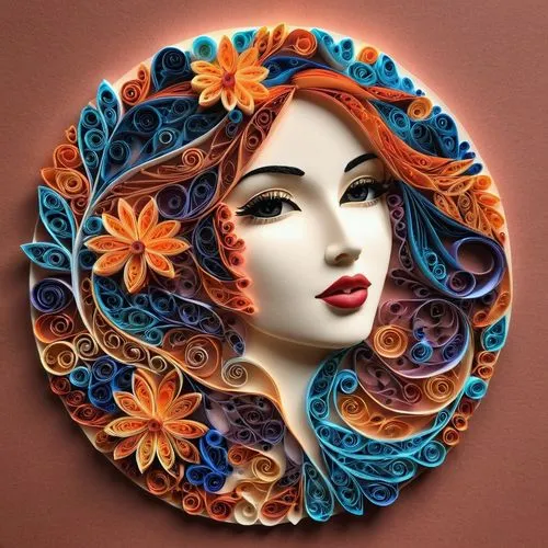 portrait,flamenca,decorative plate,viveros,embroidery hoop,oaxacan,majolica,maiolica,paper art,rose wreath,embroidered flowers,art deco wreaths,stitched flower,orange floral paper,girl in a wreath,fab