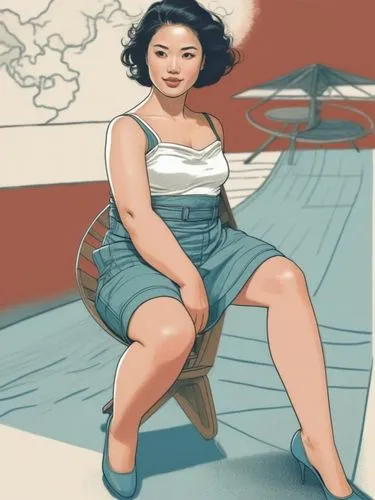 Line drawing of a human female in a chair,an illustration of a woman wearing high heels and sitting in a chair,asian woman,vintage asian,woman sitting,retro woman,retro pin up girl,pin-up girl,Illustr