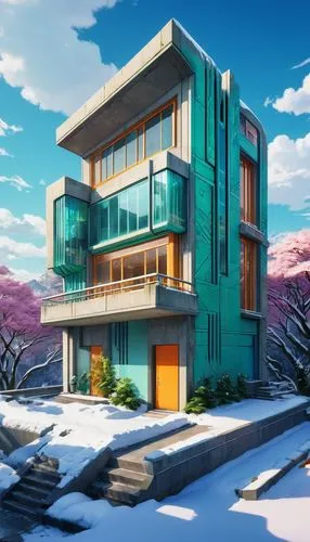 modern house,zoku,dreamhouse,aqua studio,cubic house,cube house,Illustration,Japanese style,Japanese Style 03