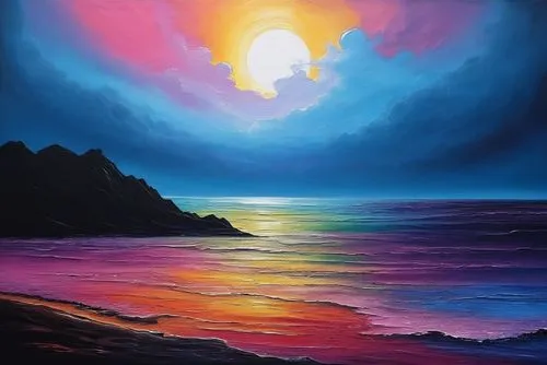 seascape,sea landscape,oil painting on canvas,coast sunset,art painting,coastal landscape,beach landscape,oil painting,oil on canvas,sun and sea,sunset beach,acrylic paint,colorful light,peinture,dreamscape,pintura,sea night,dark beach,sunrise beach,landscape with sea,Illustration,Realistic Fantasy,Realistic Fantasy 25