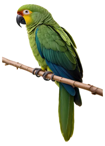 Green parrot, bird, exotic, vibrant green feathers, yellow beak, bright eyes, perched on branch, spread wings, tropical, lush foliage background, soft natural light, shallow depth of field, warm color