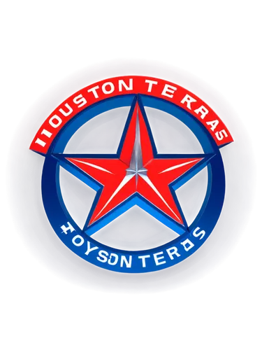 Houston Texas logo, blue and red colors, star symbol, bold font, circular shape, metallic texture, glossy finish, 3D effect, low angle shot, dramatic lighting, vibrant color tone, symmetrical composit