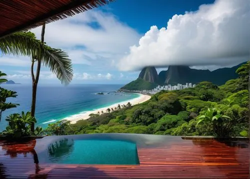 Lush tropical landscape, Brazilian modernist architecture, sleek lines, vibrant colors, curved shapes, exotic plants, palm trees, bougainvillea, hibiscus, birds of paradise, stunning ocean views, infi