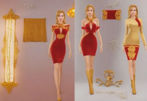 two 3d renderings of women with red dresses,christmas gold and red deco,derivable,cheongsam,dressup,mod ornaments,golden candlestick,Photography,General,Realistic