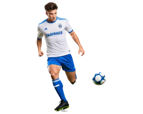 muscular man, soccer player, dynamic pose, athletic body, sweaty face, messy short hair, serious expression, white soccer jersey, blue shorts, black cleats, ball at feet, kicking action, stadium backg