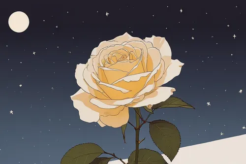 Describe the delicate petals of a cream rose glowing in the moonlight.,rose flower illustration,winter rose,yellow rose background,white rose,rose png,sleeping rose,romantic rose,rose drawing,landscap