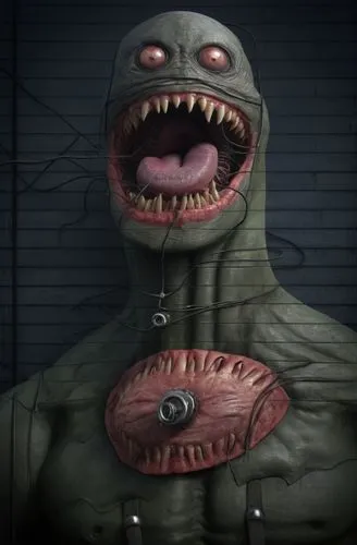 A monster with sharp teeth,  a mouth with an eye in it,  long neck with wires, realistic flesh and skin, long tongue, body has a mouth on it with teeth and eye. Biomechanical,Deth Killr,kraang,vilgax,