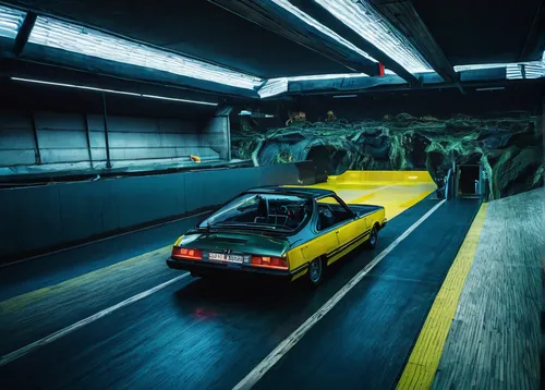 Escape to a world of fun and excitement with riversweeps.,underground garage,underground car park,slide tunnel,new york taxi,porsche 914,de tomaso pantera,bumper cars,pace car,bumper car,yellow taxi,r