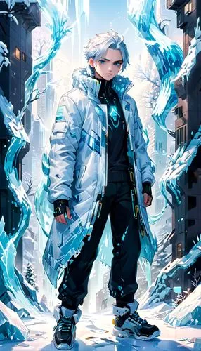 killua,killua hunter x,kakashi hatake,father frost,iceman,icy,eternal snow,infinite snow,ice,glacial,snowflake background,aqua,cg artwork,elements,sci fiction illustration,2d,kid hero,voltage,nine-tailed,electro,Anime,Anime,General