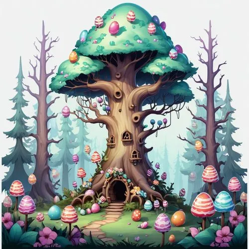 fairy house,fairy forest,fairy village,easter background,fairy world,mushroom landscape,Illustration,Abstract Fantasy,Abstract Fantasy 11