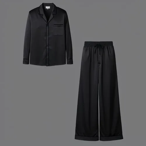 black pajama,a black jacket and pants in front of a grey wall,hakama,yohji,gauchos,cassock,tailcoat,culottes,Photography,General,Realistic