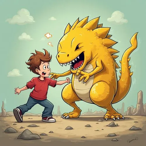 Cartoon person fighting a yellow monster 

,a boy touching a cartoon like dinosaur with one hand,dragados,digimon,anguirus,jaggi,kaijuka,glaurung