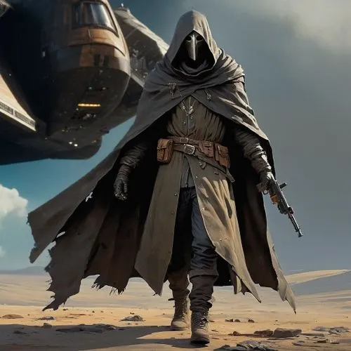 space ship in the background,cloak,hooded man,assassin,the wanderer,dodge warlock,reaper,nomad,cowl vulture,imperial coat,dune 45,celebration cape,grim reaper,cg artwork,jedi,assassins,prophet,vader,m