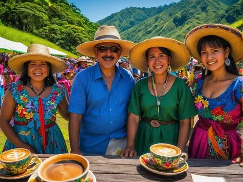 Vibrant Chiriqui Highlands, Flower and Coffee Festival, daytime, sunny weather, clear blue sky, colorful flowers blooming in every corner, coffee beans scattered on wooden tables, traditional Panamani