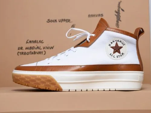 Sock upper sneaker with ribbed collar, tan pebbled leather trim, nylon circle logo patch with brown star and letters, all white rubber sport sole,Sock with leather trim sneaker,dunks,melos,dunkers,whe