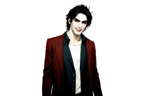 horror character, male, pale skin, sharp facial features, dark circles under eyes, messy black hair, thin eyebrows, evil grin, pointed teeth, bloody tears, worn-out clothes, tattered edges, dirty nail