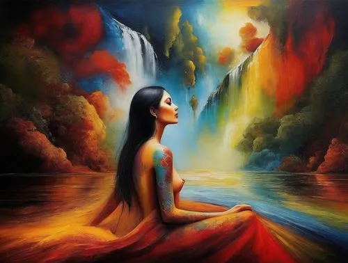 shamanic,danxia,dream art,mystical portrait of a girl,earth chakra,oil painting on canvas,fantasy art,fantasy picture,vishishtadvaita,mythography,vibrational,shamanism,pachamama,dreamscapes,dreamscape,meditate,samuil,entheogens,samsara,dreamtime,Illustration,Abstract Fantasy,Abstract Fantasy 01