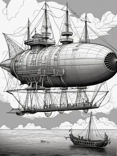 Fantasy airship, majestic, steampunk, Victorian era, intricate copper pipes, wooden propellers, billowing white sails, grandiose observation deck, ornate bronze railings, vintage navigation instrument