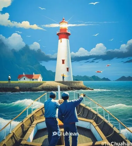 two fishermen on the boat ,two men standing on top of a boat near a lighthouse,sailors,lighthouses,seafaring,travelocity,nautical children,dokdo,Conceptual Art,Daily,Daily 10