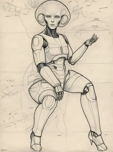 Technical drawing: An alien invader robot in human-like form.,a sketch of a character sitting on top of a stool,mekon,satari,vados,male poses for drawing,spacesuit,ventress,Illustration,Vector,Vector 