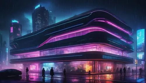 nightclub,cybercity,cyberpunk,cybertown,futuristic landscape,rain bar,futuristic,neon coffee,cyberport,retro diner,metropolis,bladerunner,polara,synth,neon ghosts,neon arrows,futuristic architecture,cyberscene,futuristic art museum,spaceland,Illustration,Realistic Fantasy,Realistic Fantasy 31