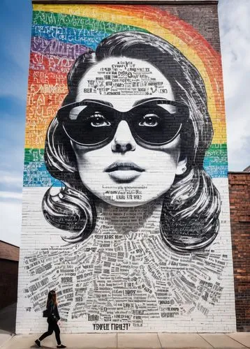 widow  rainbow white ceramics wall, dark glasses, bright  black eyes photography,  mural in the top of the building, ,brooklyn street art,passyunk,muralist,urban street art,belfast,moines,wall art,mur