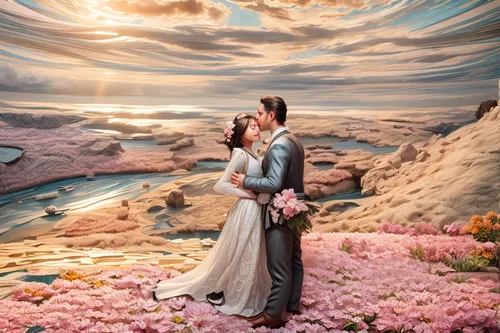 wedding photo,romantic scene,loving couple sunrise,romantic portrait,creative background,wedding couple,fantasy picture,photo manipulation,photoshop manipulation,landscape background,floral background,wedding photography,photomanipulation,pre-wedding photo shoot,honeymoon,flower background,photoshop creativity,beautiful couple,wedding photographer,romantic look