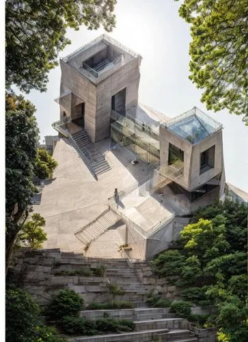 the steps lead up to an old, modern looking house,yonsei,kimmelman,pangyo,hankyoreh,habitat 67,geoje,Architecture,General,Brutalist,Brutalist Classicism