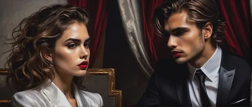 Enemies to Lovers, romantic art, couple, dramatic facial expression, intense gaze, sharp jawline, messy hair, bold eyeliner, red lips, black suit, white shirt, silver tie clip, leather shoes, luxuriou