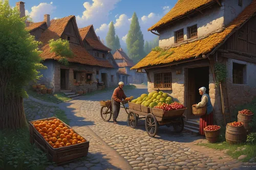 village life,medieval street,medieval market,village shop,fruit market,merchant,medieval town,harvest festival,knight village,village scene,marketplace,alpine village,mountain village,old town,old village,greengrocer,cart of apples,farmer's market,the cobbled streets,villages,Illustration,Realistic Fantasy,Realistic Fantasy 27