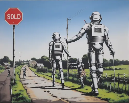 Gort Road (sold),droids,sold,robots,wreck self,tin sign,overtone empire,popular art,pedestrian,seller,droid,sales,pedestrians,solder,stop sign,astronauts,one-way street,robotics,travelers,robotic,publ