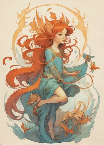 flame spirit,nami,fae,merfolk,fire siren,dryad,fire poker flower,little mermaid,watercolor mermaid,faerie,firebird,mermaid,merida,ariel,flame flower,the wind from the sea,fire flower,rusalka,flora,faery,Illustration,Paper based,Paper Based 17