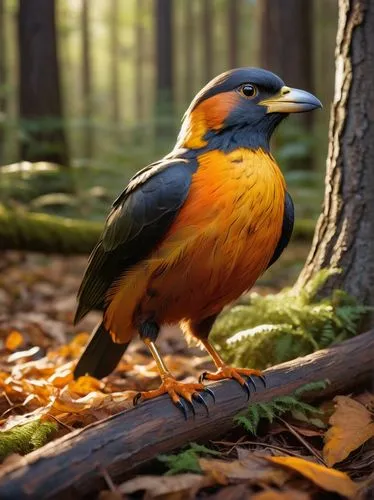 Axe-wielding, yellow beak, shiny eyes, bright orange webbed feet, fluffy feathers, rubber texture, squeaky sound effect, standing on one leg, forest floor, greenery surroundings, sunlight filtering th