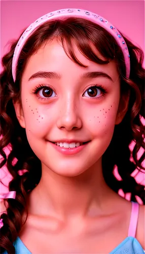 Kawaii, smiling face, solo, (12yo), big round eyes, blush, curly brown hair, ribbon headband, freckles on nose, dimples, soft skin tone, natural makeup, gentle facial expression, slight tilt of head, 