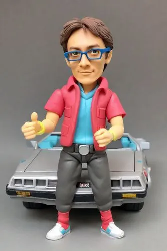 a male man action figure of marty mcfly character from back to the future in a de lorean car,mini e,bobby-car,bobby car,actionfigure,subaru rex,3d figure,mini,action figure,plug-in figures,toyota bb,m