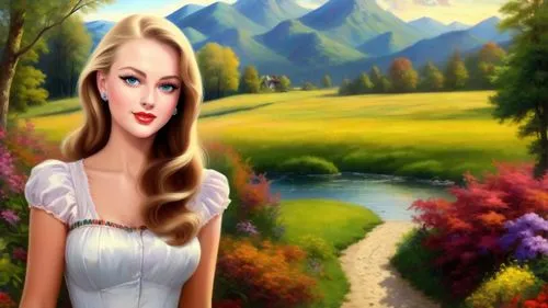 Romantic masterpiece oil painting, beautiful slim busty woman portrait, nostalgic 1950's style kitsch, standing in front of a breathtaking beautiful epic vast landscape, majestic vibrant lush wilderne