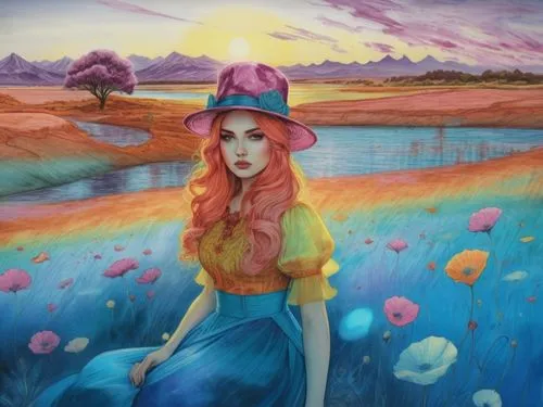 a painting of a woman in a hat sits in grass and water,fantasy picture,meadow in pastel,fantasy art,mermaid background,wonderland,ostara,Illustration,Realistic Fantasy,Realistic Fantasy 25