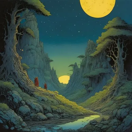 moebius,lunar landscape,moon valley,schuiten,uderzo,schuitema,Illustration,Realistic Fantasy,Realistic Fantasy 04