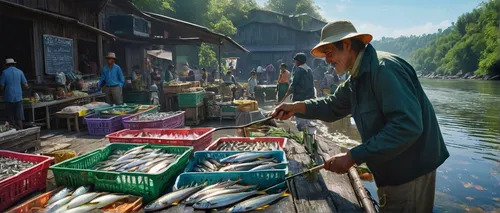 fish market,fishing village,vendors,fishmonger,fish supply,vendor,people fishing,large market,the market,fishermen,xinjiang,floating market,fresh fish,fisherman,types of fishing,market,fish products,fishing equipment,commercial fishing,fishing lure,Illustration,Paper based,Paper Based 05