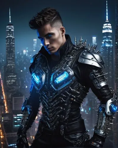 BB, futuristic, masculine, muscular, robotic, metallic, armor-like, glowing blue eyes, short spiky hair, bold facial features, intricate circuitry patterns on skin, black leather jacket, silver chest 