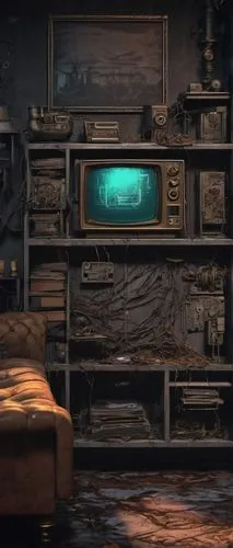 Creepy, abandoned, old analog TV, VHS tape, distorted signal, static noise, flickering screen, eerie glow, dark room, dusty shelves, cobwebs, mysterious VHS tapes scattered around, worn-out couch, dim