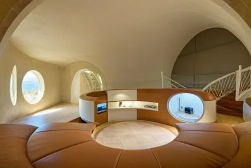 Temporary ecological residence project inspired by snail form
The space inside the residence,a curved sofa sits in the middle of an airy area,vaulted ceiling,goetheanum,vaulted cellar,ufo interior,cir