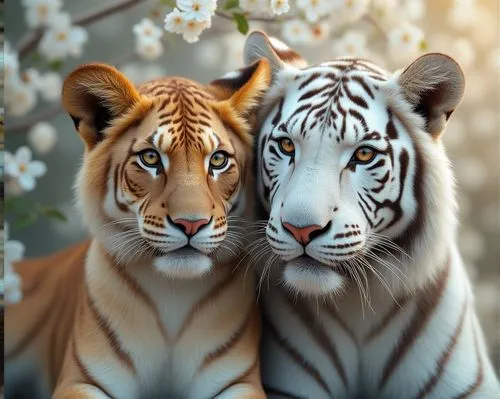 Photorealistic, lion and tiger portrait, white flowers, cherry tree, natural light, female Lion and male white Tiger, amber eyes,two tigers laying next to each other in a floraly area,stigers,exotic a