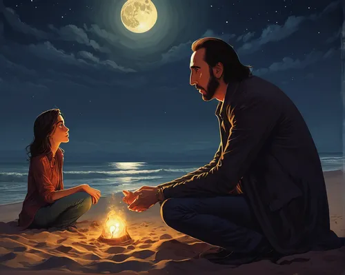 romantic scene,father and daughter,father with child,romantic night,father daughter,the moon and the stars,beautiful moment,mother and father,father's love,romantic portrait,magical moment,little boy and girl,candle light,world digital painting,offering,sci fiction illustration,painting easter egg,the father of the child,girl and boy outdoor,campfire,Conceptual Art,Fantasy,Fantasy 09