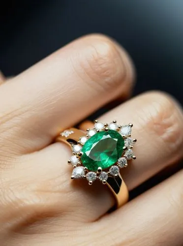 A pendant emerald and marques diamond, high quality, high resolution, ultra details,8k,woman with engagement ring in yellow gold setting,cuban emerald,mouawad,agta,ring with ornament,paraiba,engagemen