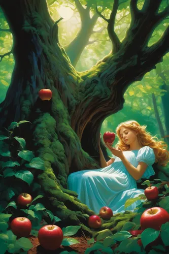 girl picking apples,sleeping apple,woman eating apple,rose sleeping apple,fairy tale character,alice in wonderland,children's fairy tale,a fairy tale,fairy tales,apple mountain,rapunzel,fairy tale,picking apple,fairytale characters,apple tree,fairytales,fairy forest,fae,merida,fairytale,Conceptual Art,Fantasy,Fantasy 20