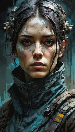 sci fiction illustration,cyborg,head woman,katniss,cyberpunk,female warrior,fantasy portrait,heroic fantasy,echo,artemisia,sci fi,world digital painting,cybernetics,gara,warrior woman,scifi,cg artwork,fantasy art,huntress,jaya,Illustration,Realistic Fantasy,Realistic Fantasy 03