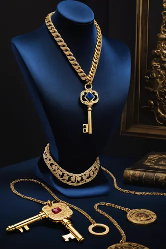 Write a thrilling mystery set in a dark blue mansion, where a golden necklace holds the key to a hidden treasure. Who will solve the puzzling riddles and claim the prize?,gold jewelry,the order of cis